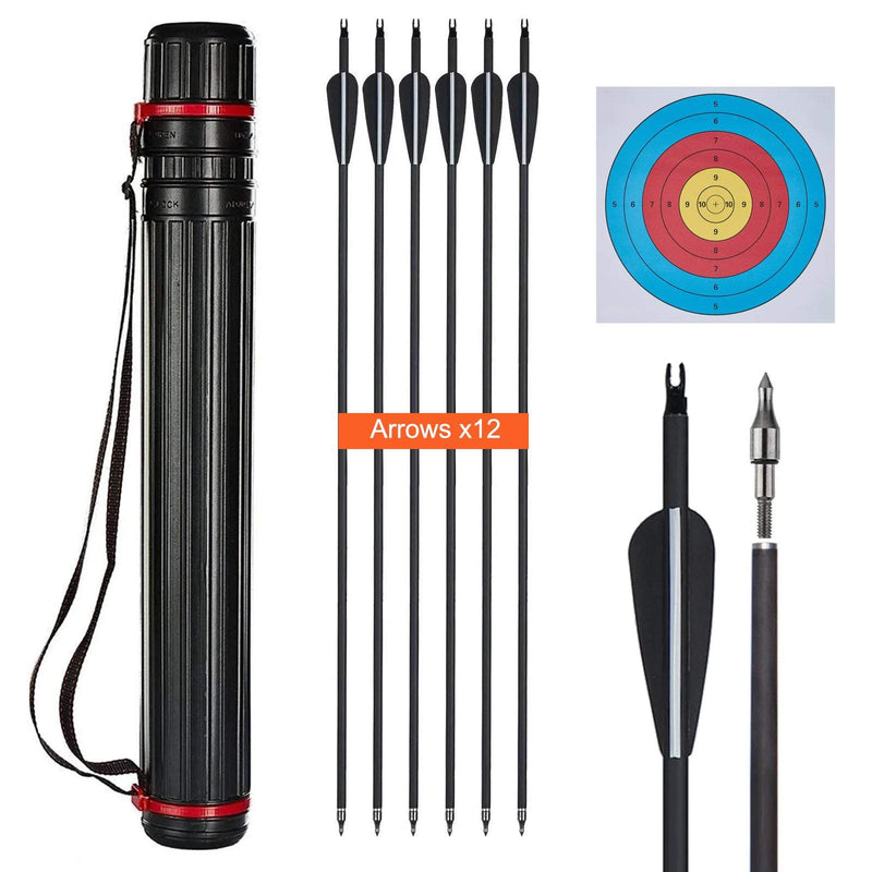 Adjustable Arrow Tube and 12 Pack Archery Mixed Carbon Arrows Arrow Quiver 63cm-110cm