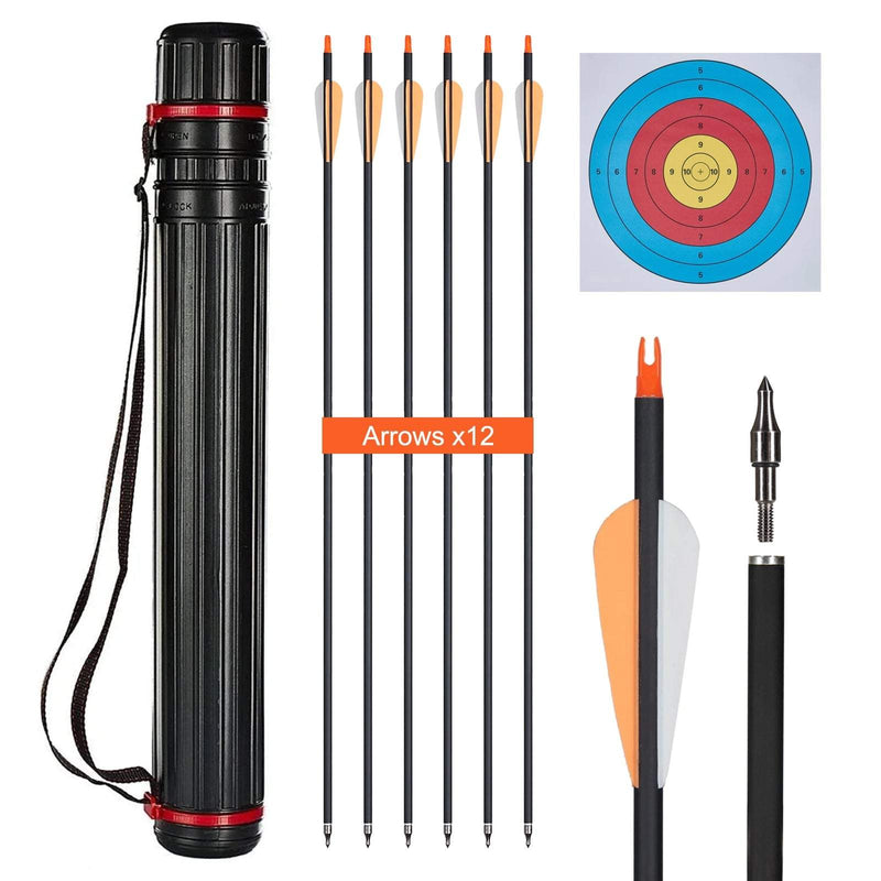 Adjustable Arrow Tube and 12 Pack Archery Mixed Carbon Arrows Arrow Quiver 63cm-110cm