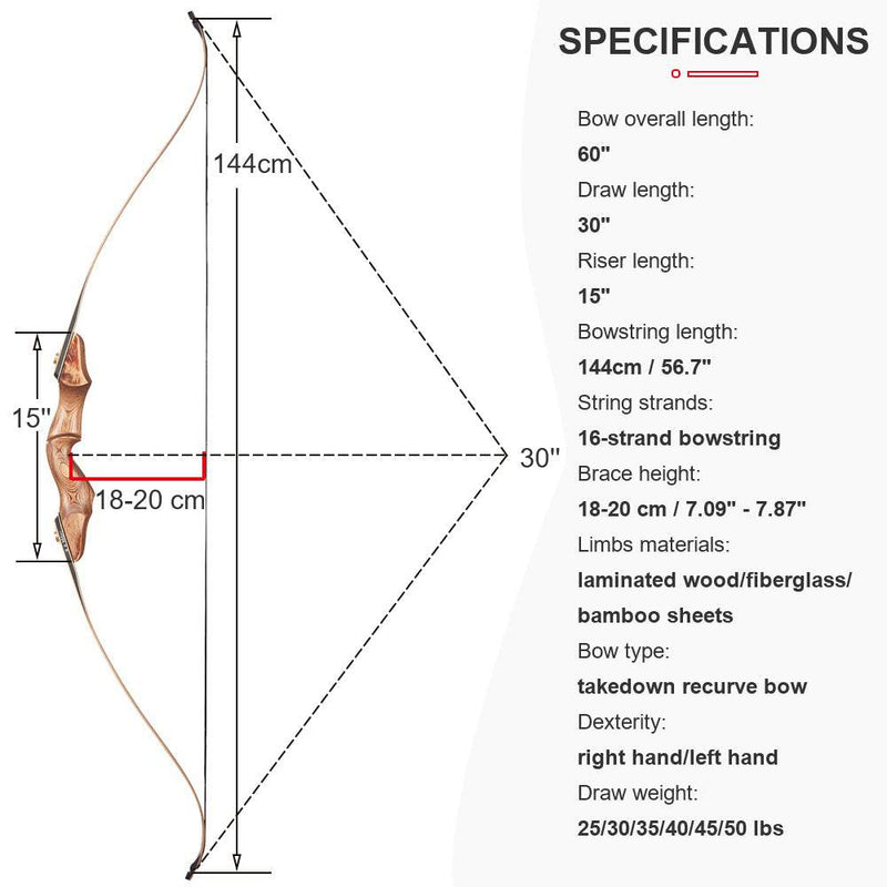 Archery 60" Takedown Recurve Bow and Arrow Set Wood Laminated Hunting Bow RH 30-50lbs