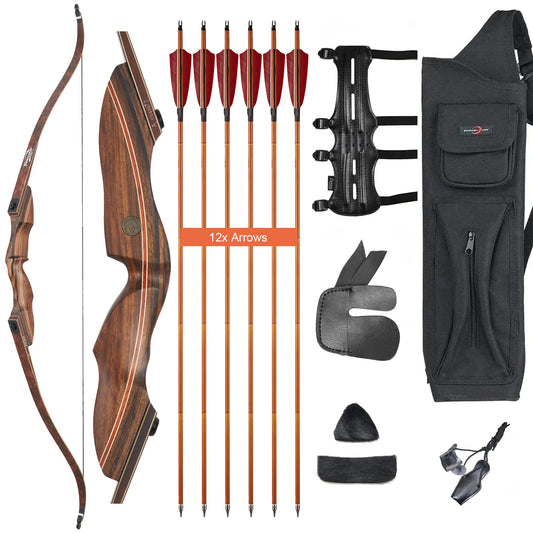 Archery 60" Recurve Hunting Bow and Arrow Set RH Wood Laminated Bow with Quiver Gears 20-60lbs