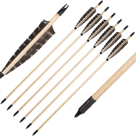 12Pcs Archery 32" Traditional Wooden Arrows with 5" Natural Feather Hunting Arrows for Traditional Bow