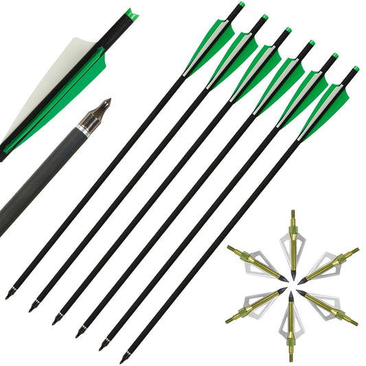 20 Inch Crossbow Bolt and Broadheads Set 12pcs Carbon Arrows with 6pcs Hunting Broadheads