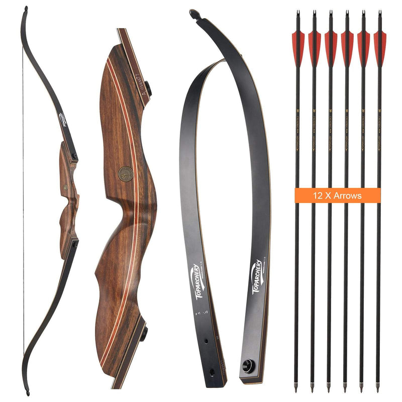 60" Archery Recurve Hunting Bow Wood Laminated Right Hand Bow 25-50lbs with 12pcs Carbon Arrows