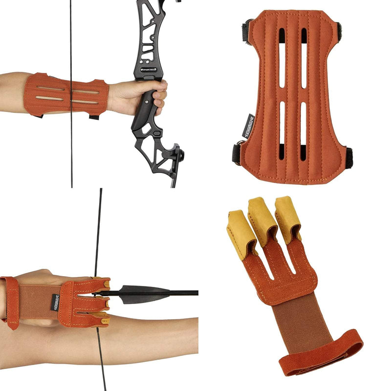 Archery Arm Guard 3 Fingers Glove Set Cow Leather Protector Gear