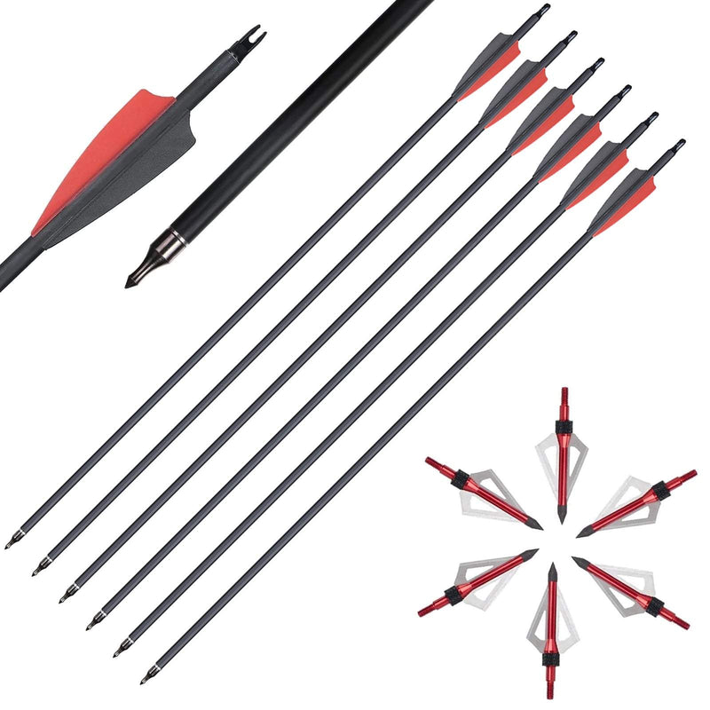 12pcs Archery Carbon Arrows and Hunting Broadheads Set with 3 Blades Hunting Tips 100grain