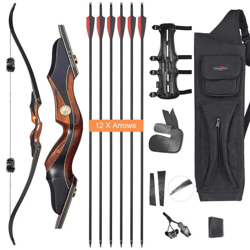 Archery 60" Takedown Recurve Hunting Bow and Arrow Set Wood Laminated Bow Right Hand with 12pcs Carbon Arrows 25-50lbs