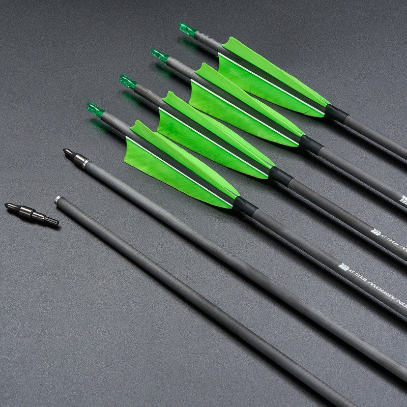 6pcs 30.5" Pure Carbon Arrows Spine 400 Green 4" Turkey Feather Fletched