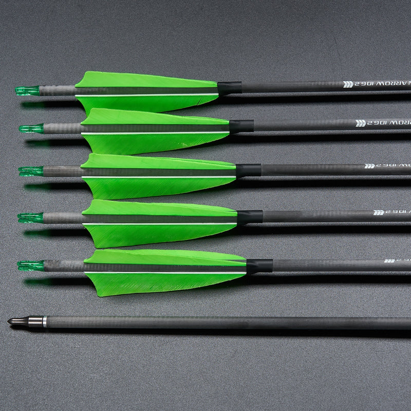 6pcs 30.5" Pure Carbon Arrows Spine 400 Green 4" Turkey Feather Fletched