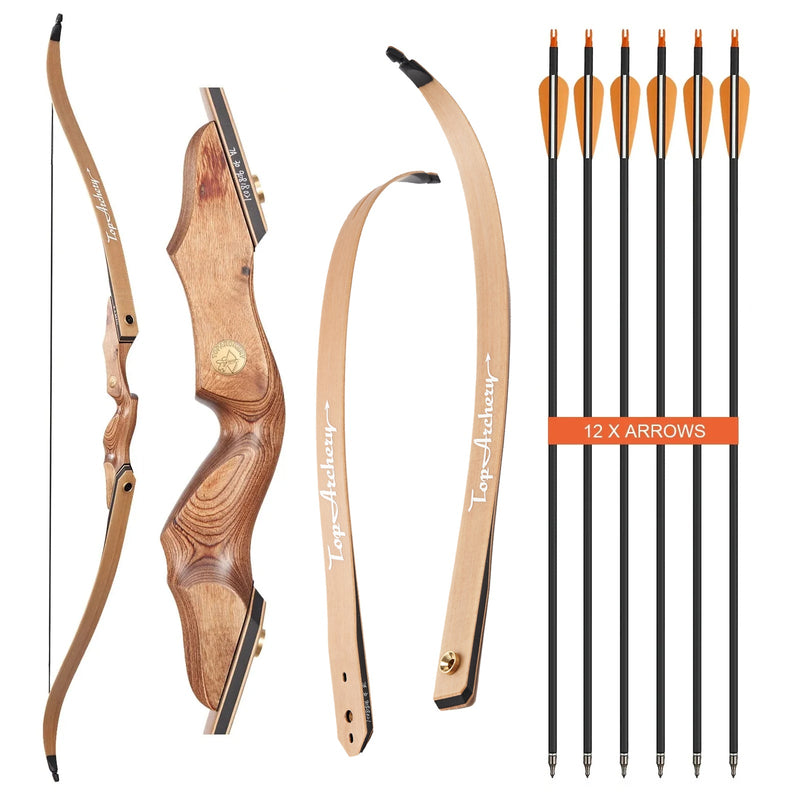 60" Archery Recurve Hunting Bow Wood Laminated Right Hand Bow 30-50lbs with 12pcs Carbon Arrows