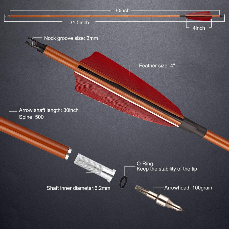 12pcs Archery 30" Turkey Feather Carbon Arrows Spine 500 Target Hunting Arrows