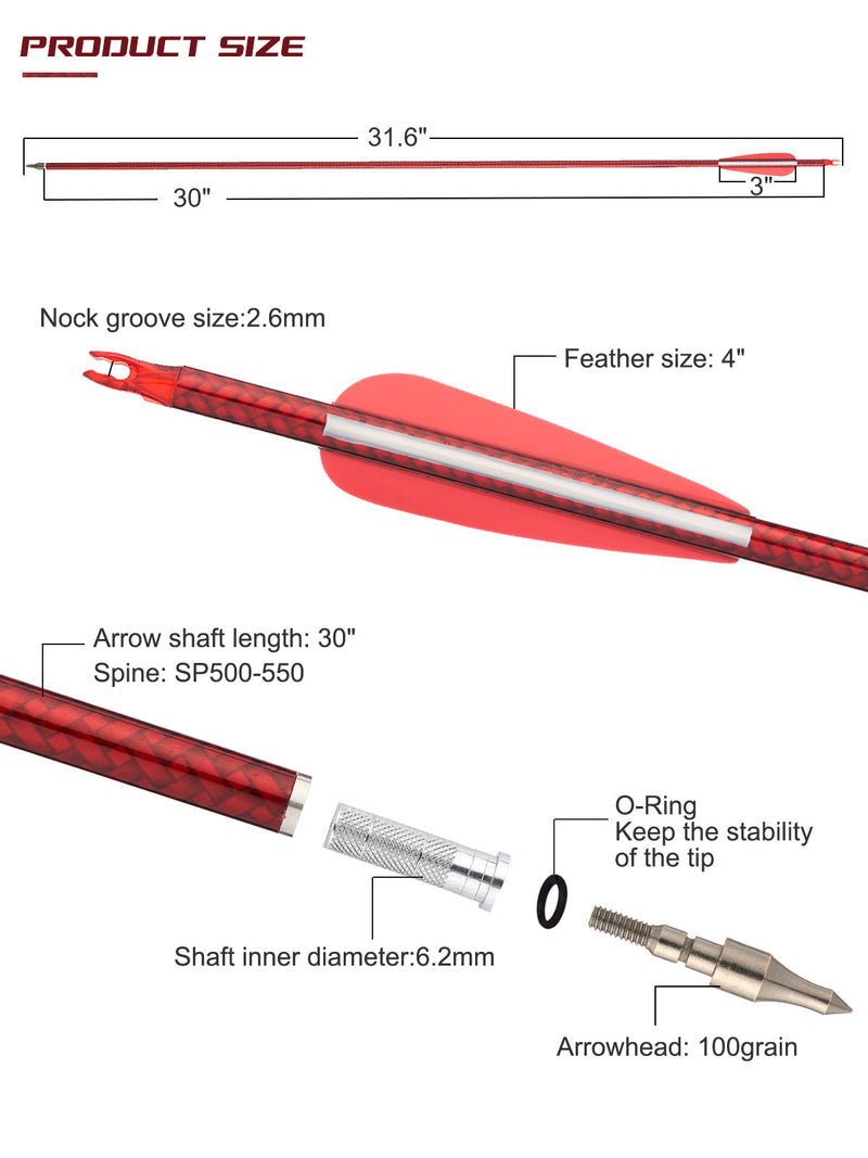 12pcs 30" Fletched Carbon Arrows with Replaceable Arrowheads for Recurve Compound Bow