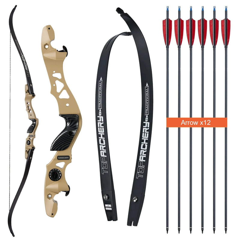 Archery 62" ILF Recurve Hunting Bow Set Aluminum Alloy Riser Right Handed Bow with 12pcs Ture Feather Arrows 25-60lbs