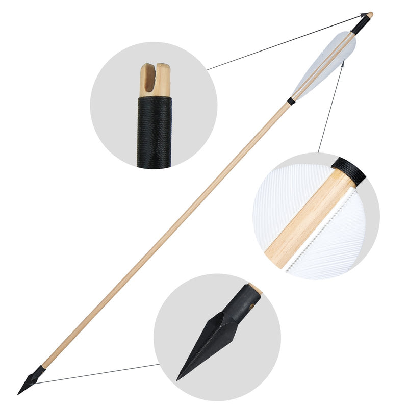 6Pcs Traditional Wooden Arrows Archery White Turkey Feathers 31.5" with Hunting Broadheads
