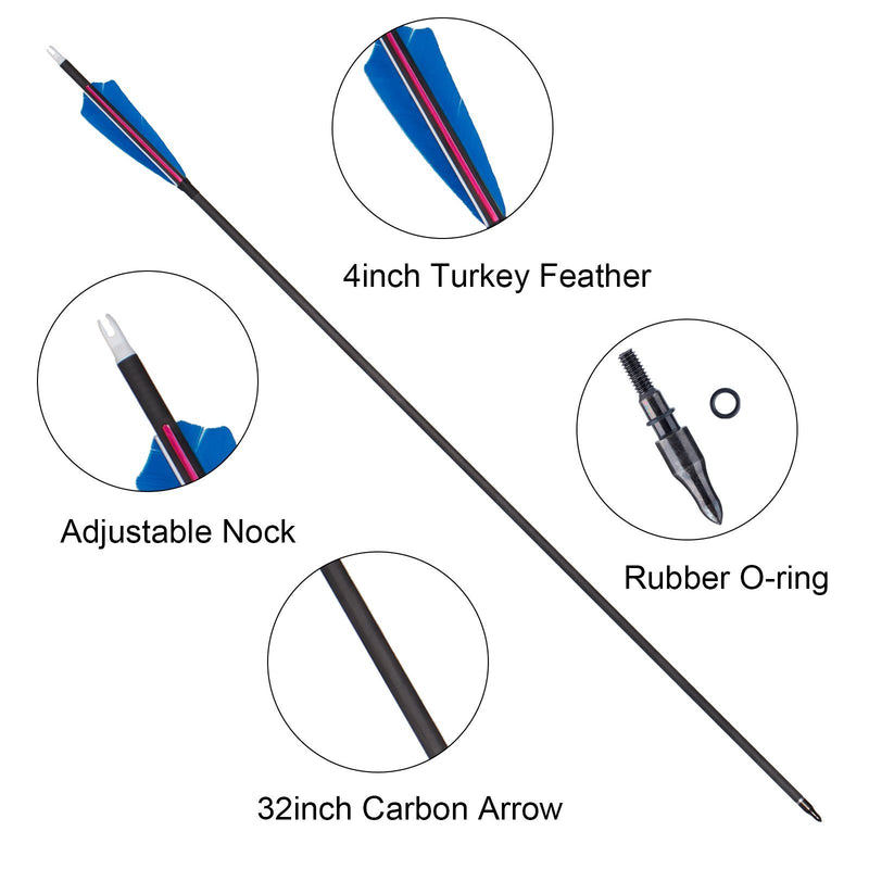 6Pcs Archery 31" Turkey Feather Fletched Pure Carbon Arrow Straightness 0.003 Spine 350 Hunting Arrows