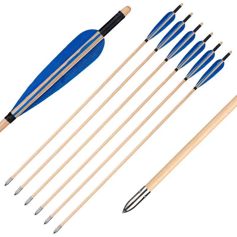 6Pcs Wooden Arrows Blue Turkey Feathers 31.5" Traditional Handmade Archery with Field Points