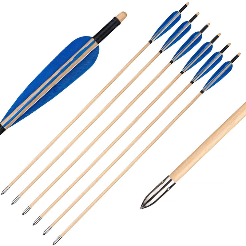 6Pcs Wooden Arrows Blue Turkey Feathers 31.5" Traditional Handmade Archery with Field Points