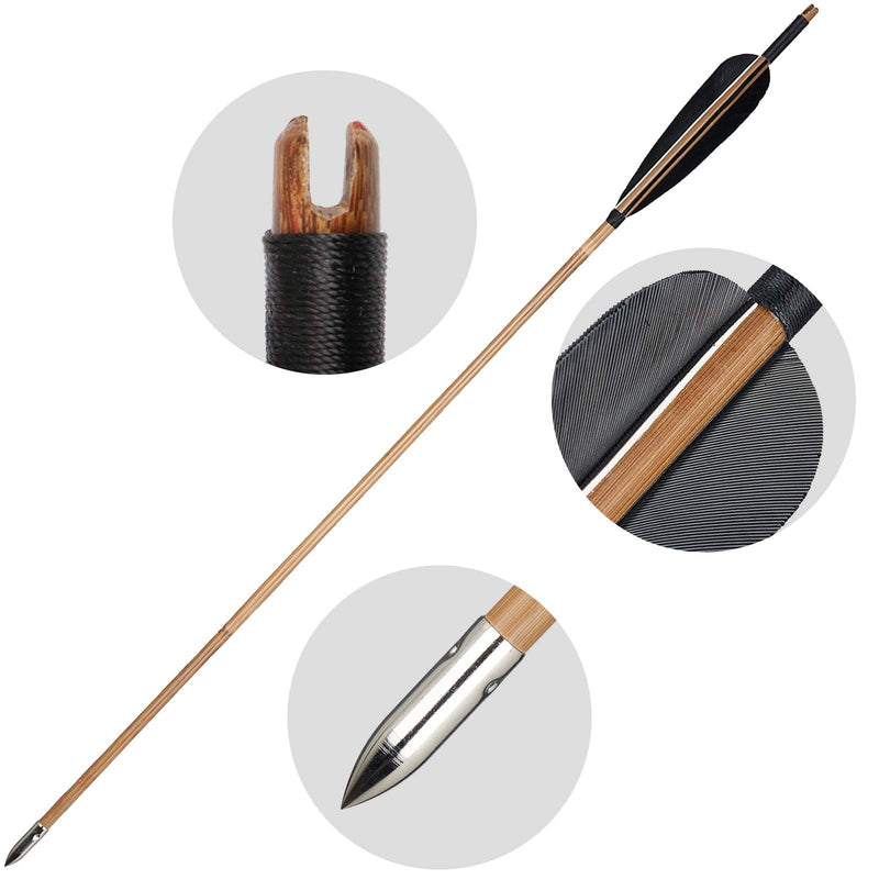 6Pcs 33" Bamboo Arrows Black Turkey Feathers Handmade Archery with Hunting Target Points