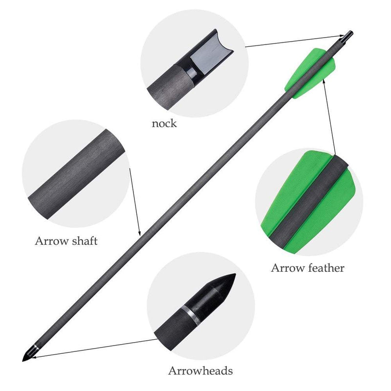 12pcs 15 Inch Carbon Arrows for Crossbow ID 6.2mm Pure Carbon Arrows Hunting Archery Arrow for Outdoor Shooting Crossbow