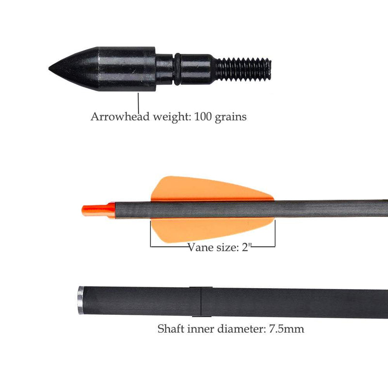 12pcs 15 Inch Carbon Arrows for Crossbow ID 6.2mm Pure Carbon Arrows Hunting Archery Arrow for Outdoor Shooting Crossbow