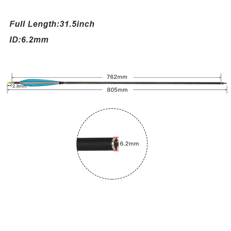 6pcs Archery 30" Carbon Arrow Spine 350 with 6inch Turkey Feather For Recurve Bow Outdoor Shooting Practice Hunting Arrow