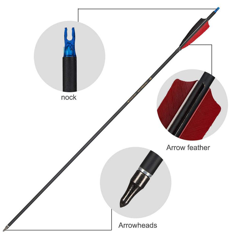 12pcs 30" Archery Feather Fletched Carbon Arrow Spine 600 For Outdoor Shooting Accessories