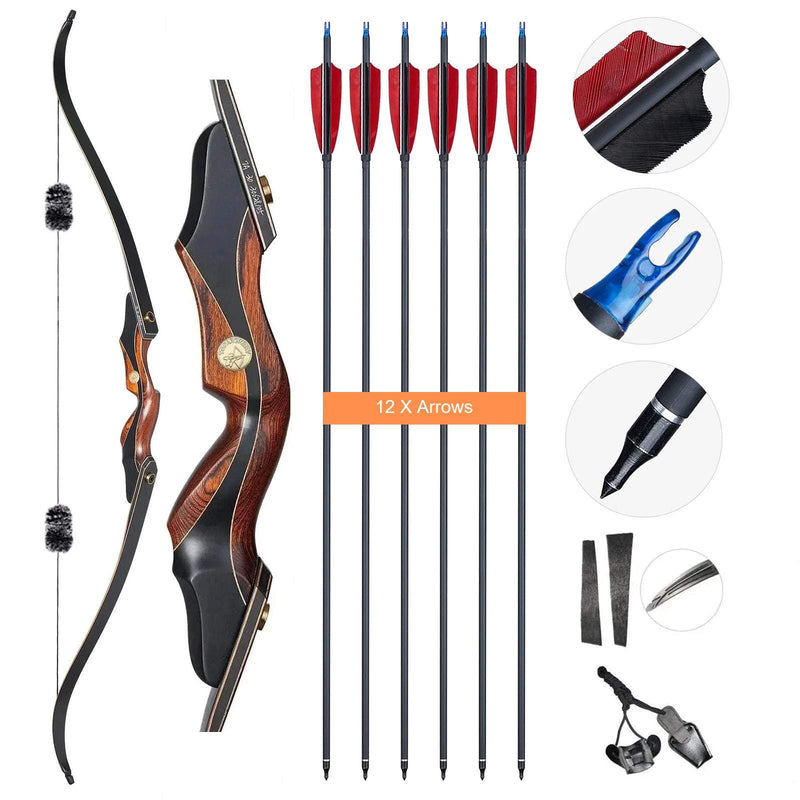 60" Archery Recurve Bow and Arrows Set Feather Fletched Carbon Arrows with Laminated Hunting Bow 25-50lbs