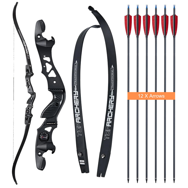 Archery 62" ILF Recurve Hunting Bow Set Aluminum Alloy Riser Right Handed Bow with 12pcs Ture Feather Arrows 25-60lbs
